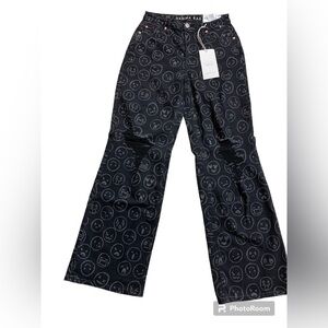 NWT Gemma Rae Jeans Black Emoji Print Wide Leg Distressed Skater 90s Baggy 7/28